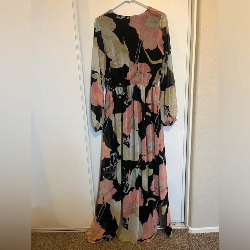 Lulus Wondrous Water Lillies Black Floral Print Maxi Dress Size L Flowy - Picture 4 of 4